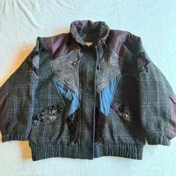 Women's Vtg KARIZMA Wool Mixed Fabric Patchwork Snow Ski Bomber Jacket Size L - Picture 1 of 14